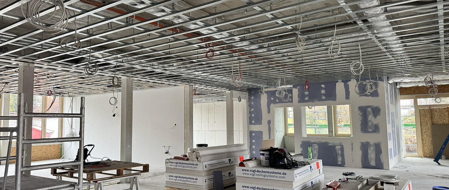 Innenraum einer Baustelle mit sichtbarer Deckenunterkonstruktion, gestapelten Gipskartonplatten und Baugerüst, teilweise verputzten Wänden und Baumaterialien auf dem Boden.
