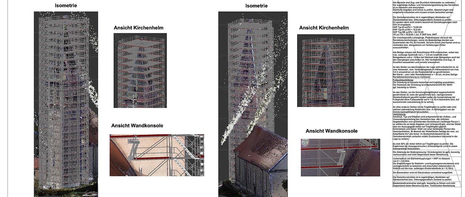 Technische Zeichnung mit isometrischen Ansichten und Detailansichten eines Turms, darunter Ansichten vom Kirchenhelm, Wandkonsolen, Gründung und Eingangsbereich, ergänzt durch erklärenden Text und technische Angaben auf der rechten Seite.