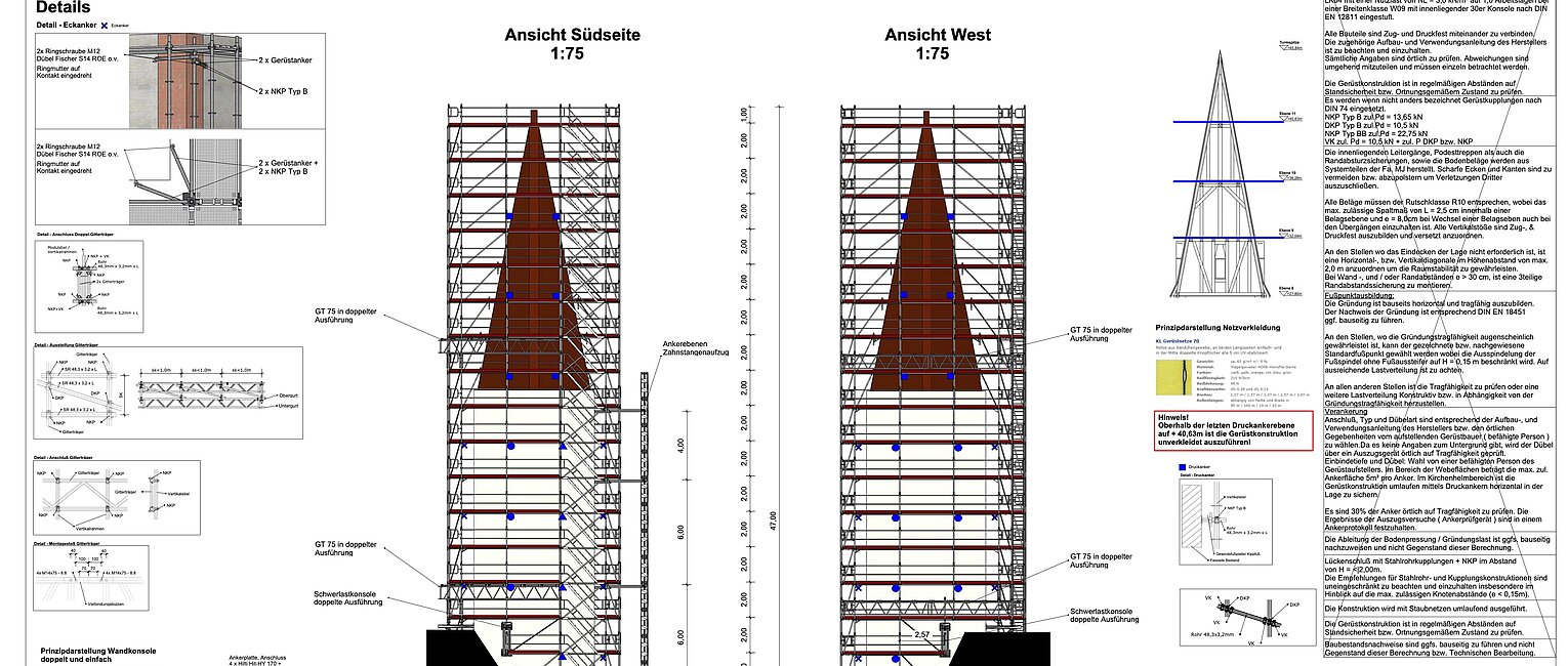 Technische Zeichnung einer Kirchturmspitze mit Gerüstaufbau, Detailansichten und erläuternden Texten zur Konstruktion und Sanierung. Ansicht von Süd- und Westseite, mit Schwerpunkt auf Befestigung und Materialangaben. Enthält Pläne, Maße und Baustoffbeschreibungen.